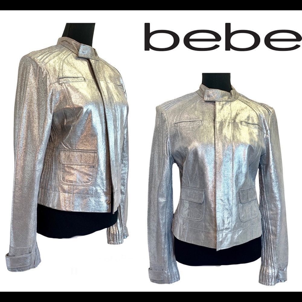 Bebe metallic silver crackled Leather Moto jacket Sz M